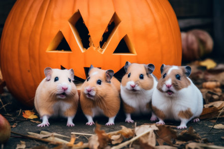 A group of hamsters standing in front of a pumpkin. Generative AI image.の素材