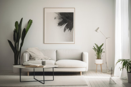 A living room with a white couch and a plant. Generative AI image.の素材