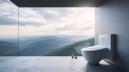 A white toilet sitting next to a window in a bathroom. Generative AI image.の素材
