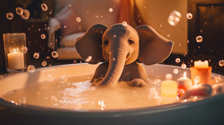 A toy elephant sitting in a tub of water. Generative AI image.の素材