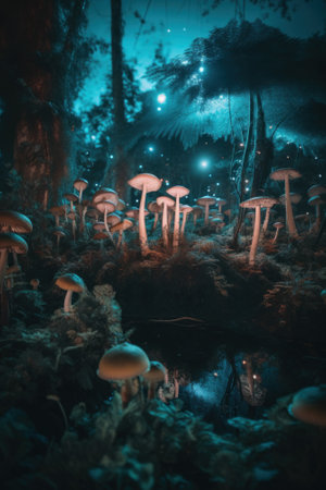 A group of mushrooms in a forest at night. Generative AI image.の素材