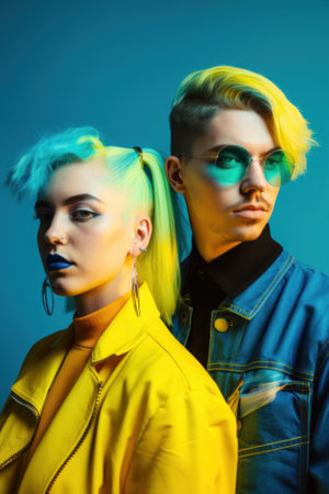 A man and a woman with blue hair. Generative AI image.の素材