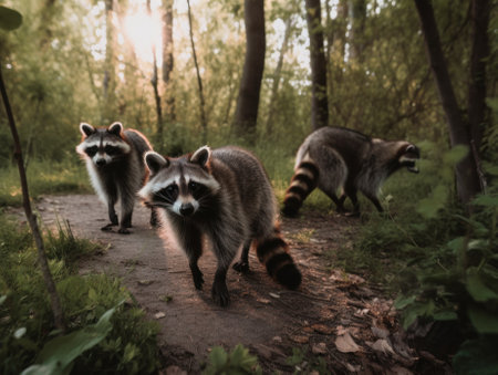 A group of raccoons walking down a dirt path. Generative AI image.の素材