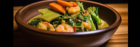 A bowl filled with shrimp, broccoli and carrots. Generative AI image.の素材