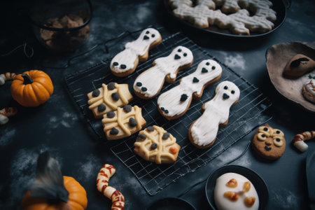 A table topped with lots of cookies covered in frosting. Generative AI image.の素材