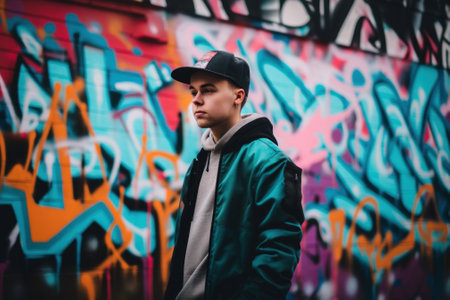 A man standing in front of a graffiti covered wall. Generative AI image.の素材