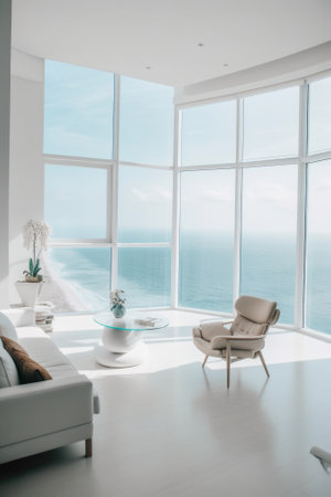 A living room filled with furniture and a large window. Generative AI image.の素材