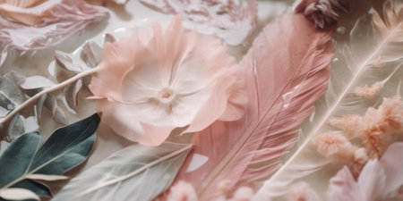 A close up of flowers and feathers on a table. Generative AI image.の素材
