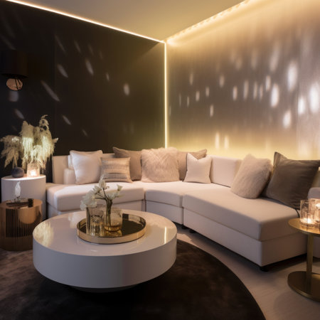 A living room with a white couch and a coffee table. Generative AI image.の素材