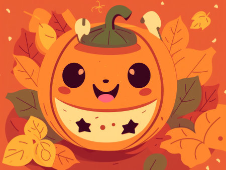 A cartoon pumpkin with a smile on its face. Generative AI image.の素材
