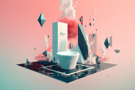 A white toilet sitting on top of a tiled floor. Generative AI image.の素材