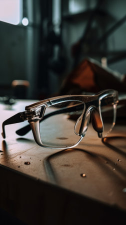 A pair of glasses sitting on top of a table. Generative AI image.の素材