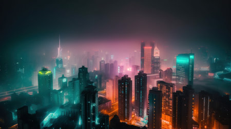 A view of a city at night from a high rise building. Generative AI image.の素材