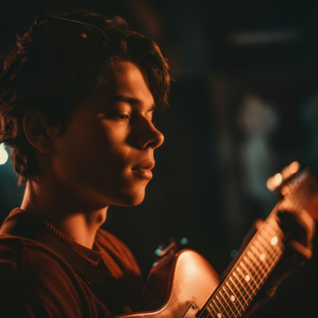 A young man playing a guitar in a dark room. Generative AI image.の素材