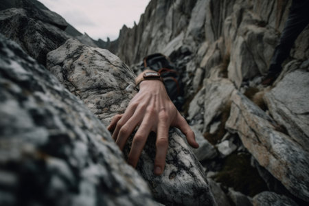 A person climbing up a rock face to face. Generative AI image.の素材