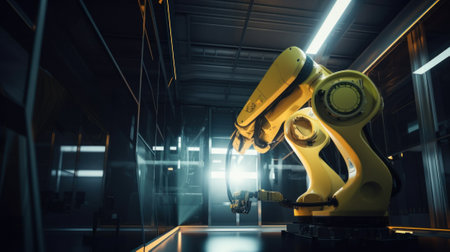 A yellow robot is in a dark room. Generative AI image.の素材