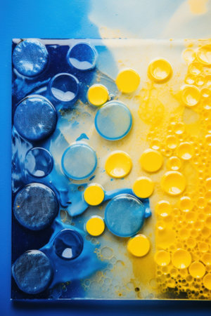 A painting of yellow and blue bubbles on a blue surface. Generative AI image.の素材