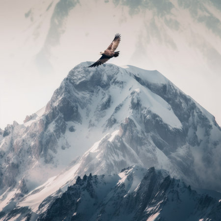 A large bird flying over a snow covered mountain. Generative AI image.の素材