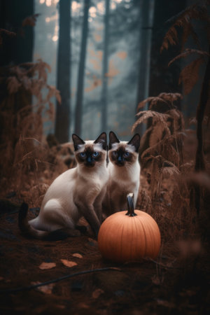 Two siamese cats sitting next to a pumpkin. Generative AI image.の素材