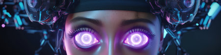 A close up of a woman"s face with glowing eyes. Generative AI image.の素材