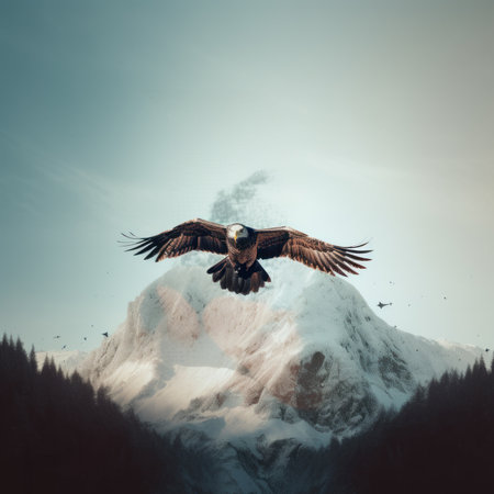 A large bird flying over a snow covered mountain. Generative AI image.の素材