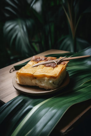 A plate of food with chopsticks on it. Generative AI image.の素材