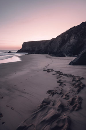 Footprints in the sand on a beach at sunset. Generative AI image.の素材