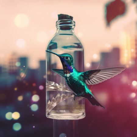 A hummingbird sitting inside of a glass bottle. Generative AI image.の素材