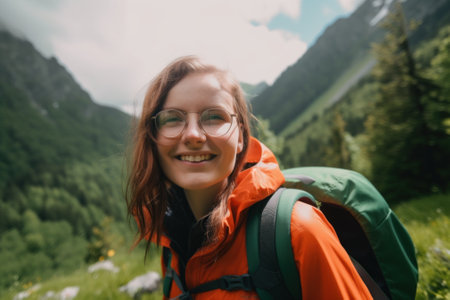 A woman with glasses and a backpack smiles at the camera. Generative AI image.の素材