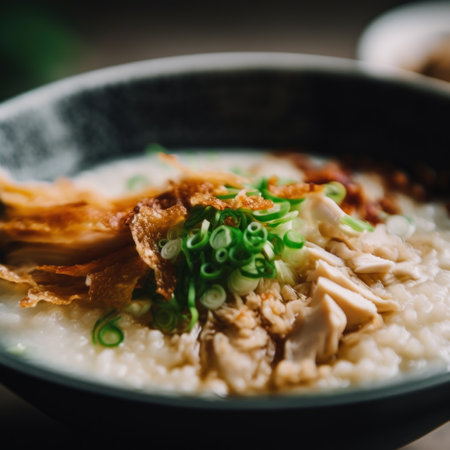 A bowl of rice with meat and vegetables. Generative AI image.の素材