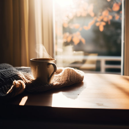 A cup of coffee sitting on a table next to a window. Generative AI image.の素材