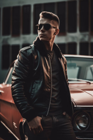 A man in a leather jacket standing next to a car. Generative AI image.の素材