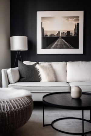 A black and white living room with a couch and coffee table. Generative AI image.の素材