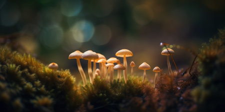 A group of mushrooms sitting on top of a moss covered forest. Generative AI image.の素材