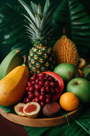 A wooden bowl filled with lots of different types of fruit. Generative AI image.の素材