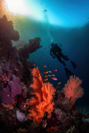 A person in a scuba suit swimming over a coral reef. Generative AI image.の素材