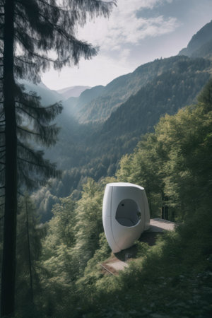 A futuristic house in the middle of a forest. Generative AI image.の素材