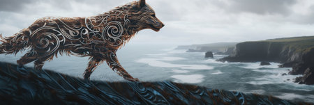 A painting of a wolf on a cliff overlooking the ocean. Generative AI image.の素材