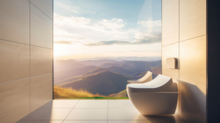 A bathroom with a view of the mountains. Generative AI image.の素材