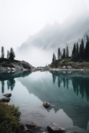 A body of water surrounded by rocks and trees. Generative AI image.の素材