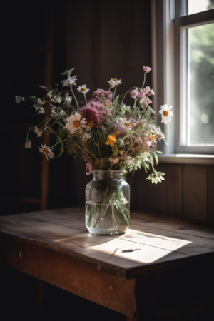 A vase filled with flowers sitting on top of a wooden table. Generative AI image.の素材
