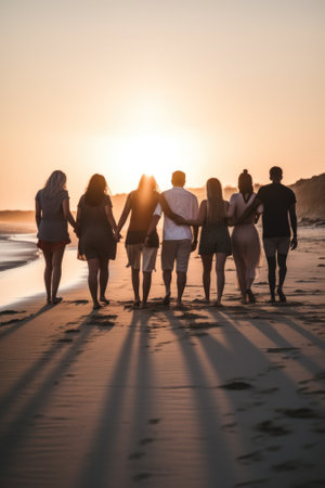 A group of people walking on a beach at sunset. Generative AI image.の素材