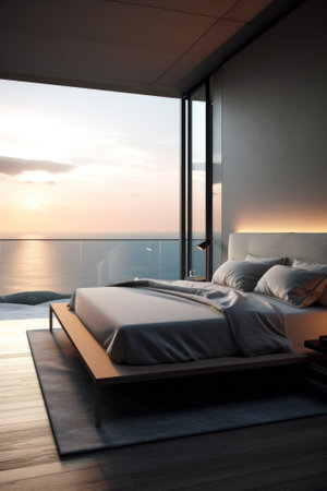 A bedroom with a view of the ocean. Generative AI image.の素材