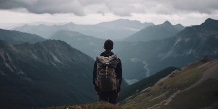 A person standing on top of a mountain with a backpack. Generative AI image.の素材