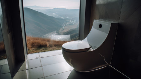 A white toilet sitting in a bathroom next to a window. Generative AI image.の素材