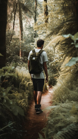 A man walking down a path in the woods. Generative AI image.の素材