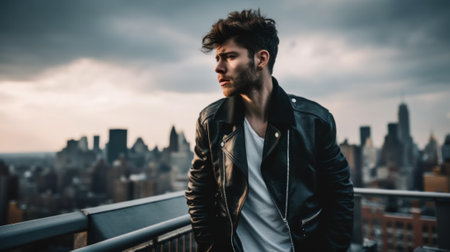 A man in a leather jacket standing on a balcony. Generative AI image.の素材