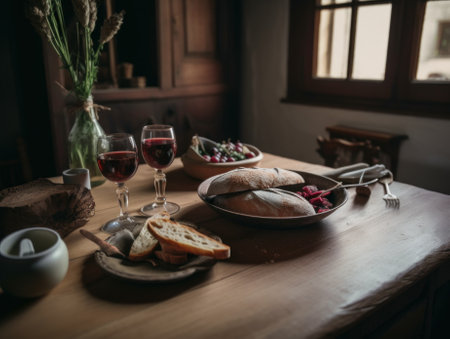 A wooden table topped with plates of food and glasses of wine. Generative AI image.の素材