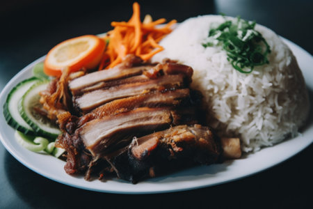 A white plate topped with meat and rice. Generative AI image.の素材