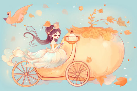 A woman riding in a horse drawn carriage. Generative AI image.の素材